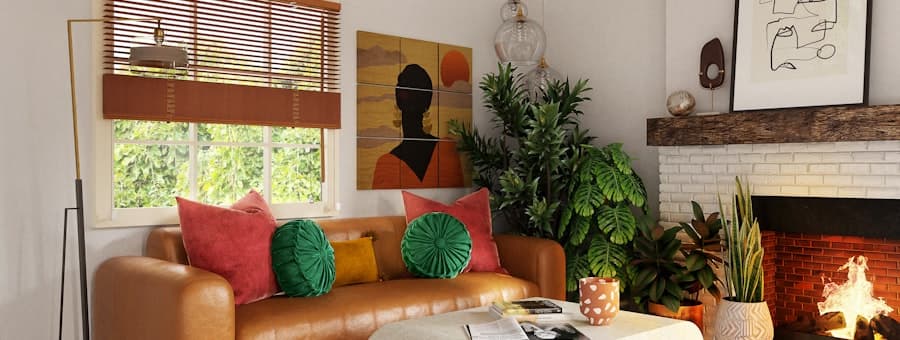 Un living con sillón de cuero, plantas y la chimenea prendida